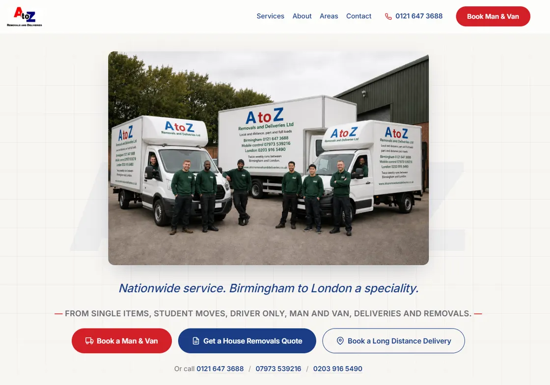 A to Z Removals homepage, branded Luton vans, removals firm Birmingham–London