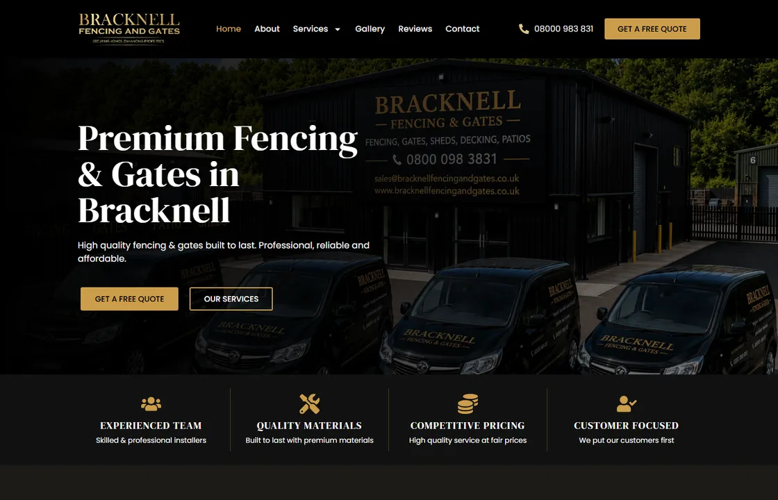 Bracknell Fencing and Gates homepage, branded vans outside the yard, fencing and gates installer