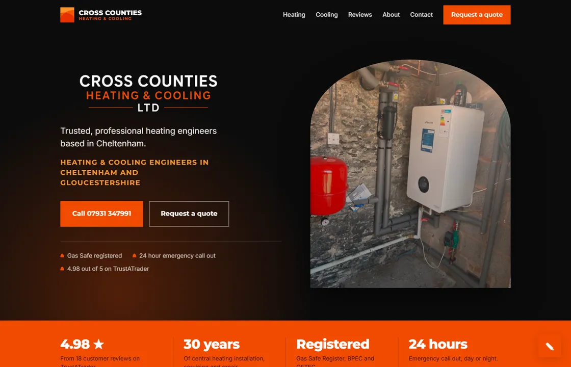 Cross Counties Heating and Cooling homepage, boiler installation by Gas Safe heating engineers in Cheltenham