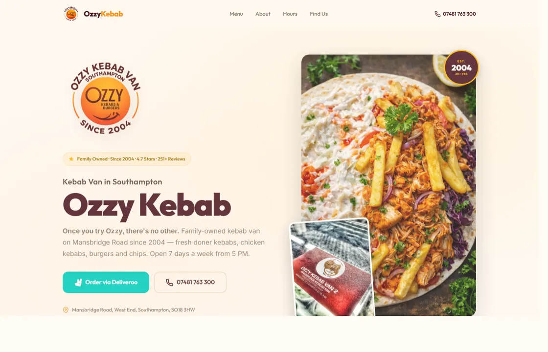 Ozzy Kebab homepage, bold red branding with takeaway menu