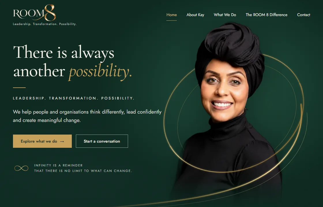 ROOM 8 homepage, deep green and gold brand for a leadership and transformation consultancy, with a gold ring around the founder's portrait