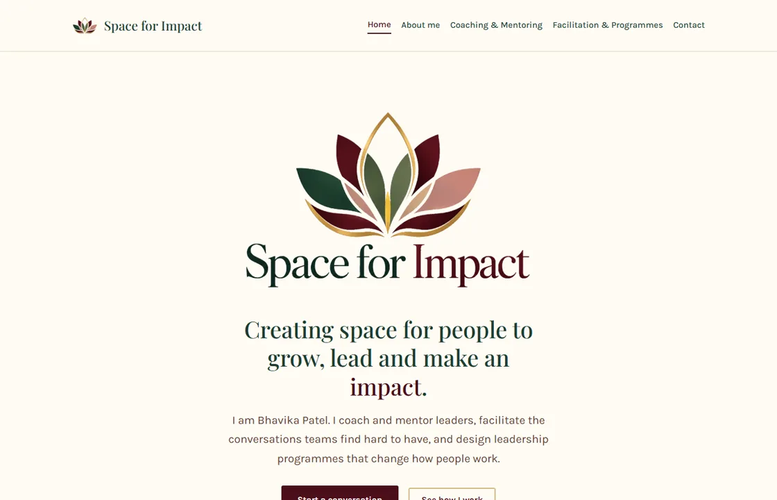 Space for Impact homepage, lotus logo and cream, maroon and forest green brand for a leadership coach in Hemel Hempstead