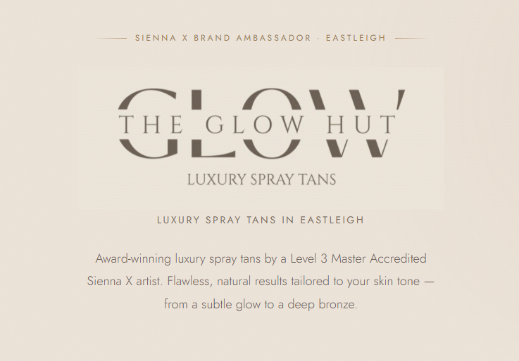 The Glow Hut homepage — luxury spray tan studio in Eastleigh, cream & bronze brand