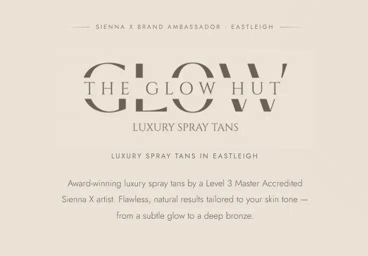 The Glow Hut homepage, luxury spray tan studio in Eastleigh, cream & bronze brand